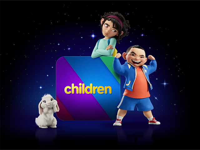 Two kids and a cartoon pose